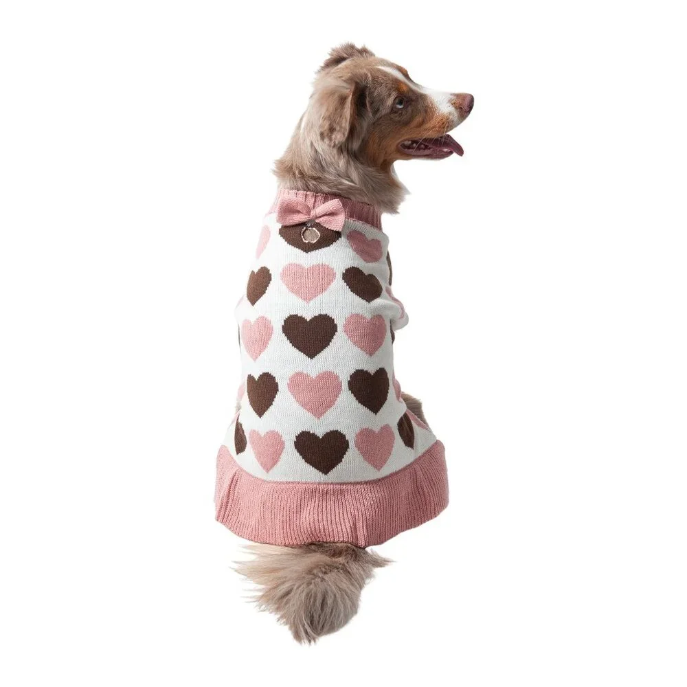 Vibrant‎ Life Dog Sweater L Hearts Ruffle Pink Brown Hearts Bow